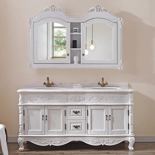 0078MLENGAR Off-White Double Sink Bathroom Vanity with Marble Top & Dual Mirror Cabinet