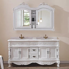 0078MLENGAR Off-White Double Sink Bathroom Vanity with Marble Top & Dual Mirror Cabinet