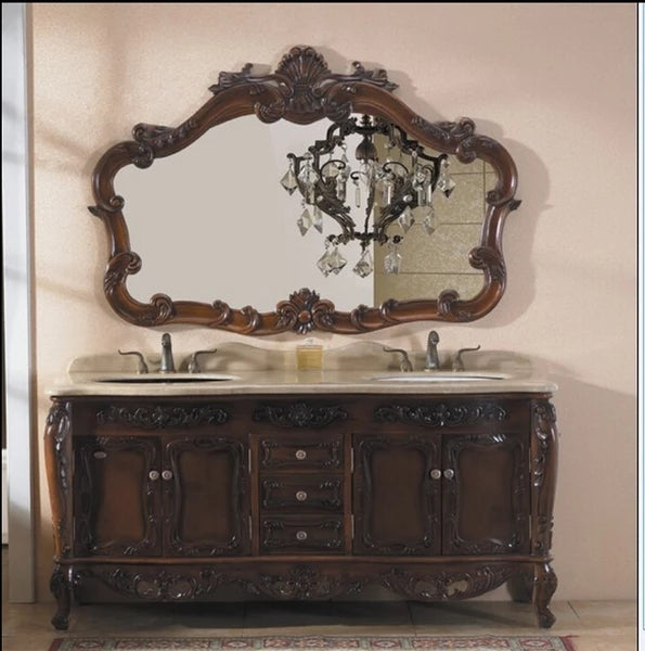 0079MLENGAR Antique Dark Wood Double Sink Bathroom Vanity with Marble Top & Ornate Mirror