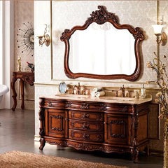0080MLENGAR Antique Walnut Double Sink Bathroom Vanity with Marble Top & Ornate Mirror