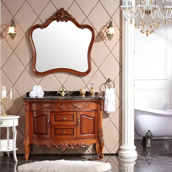 0081MLENGAR Antique Wood Bathroom Vanity with Black Marble Top & Ornate Mirror