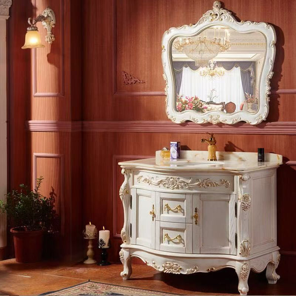 0082MLENGAR Off-White Single Sink Bathroom Vanity with Marble Top & Ornate Mirror