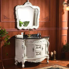 0083MLENGAR Antique White Single Sink Bathroom Vanity with Black Marble Top & Ornate Mirror