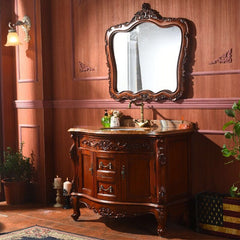 0084MLENGAR Antique Walnut Single Sink Bathroom Vanity with Marble Top & Ornate Mirror