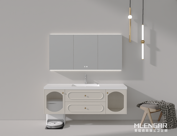 0089MLENGAR Modern Cream Floating Bathroom Vanity with LED Mirror Cabinet & Smart Storage