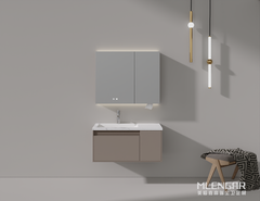 0092MLENGAR Modern Taupe Floating Bathroom Vanity with LED Mirror Cabinet & Marble Sink