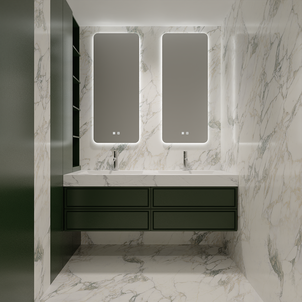 0093MLENGAR Modern Dark Green Floating Double Sink Vanity with LED Mirrors & Marble Top