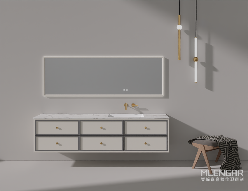 0094MLENGAR Modern Cream Floating Bathroom Vanity with LED Mirror & Marble Sink
