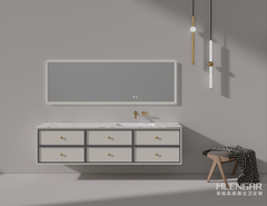 0094MLENGAR Modern Cream Floating Bathroom Vanity with LED Mirror & Marble Sink