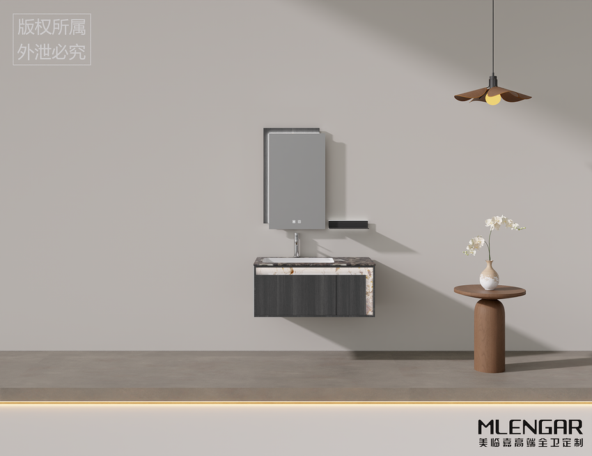 0095MLENGAR Modern Dark Wood Floating Bathroom Vanity with LED Mirror & Marble Sink