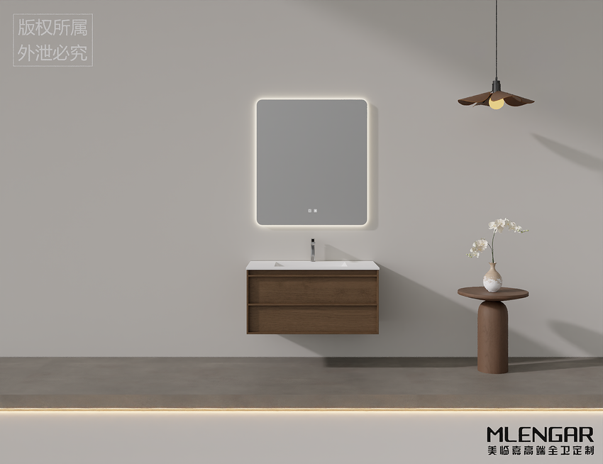 0100MLENGAR Walnut Floating Bathroom Vanity with LED Mirror & Integrated Sink