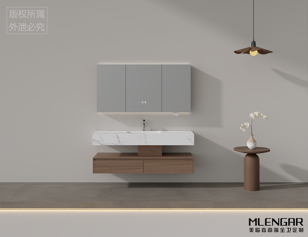 0101MLENGAR Modern Gray & Wood Floating Bathroom Vanity with LED Mirror Cabinet & Marble Sink