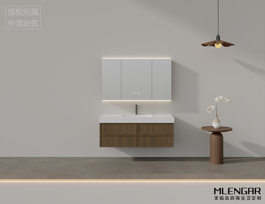 102MLENGAR Modern Walnut Floating Bathroom Vanity with LED Mirror Cabinet & Integrated Sink