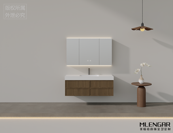 102MLENGAR Modern Walnut Floating Bathroom Vanity with LED Mirror Cabinet & Integrated Sink