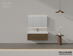 102MLENGAR Modern Walnut Floating Bathroom Vanity with LED Mirror Cabinet & Integrated Sink