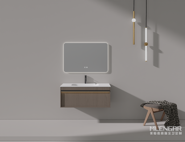 103MLENGAR Modern Gray Wood Floating Bathroom Vanity with LED Mirror & Integrated Sink