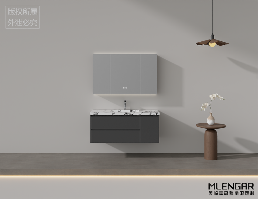 104MLENGAR Modern Dark Gray Floating Bathroom Vanity with Marble Sink & LED Mirror Cabinet