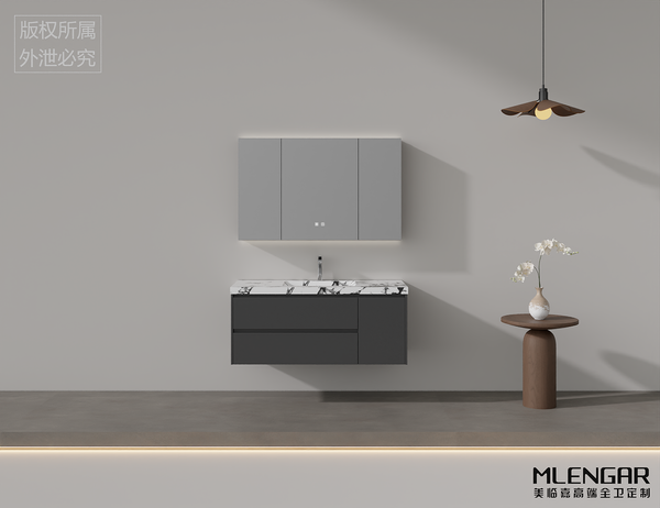 104MLENGAR Modern Dark Gray Floating Bathroom Vanity with Marble Sink & LED Mirror Cabinet