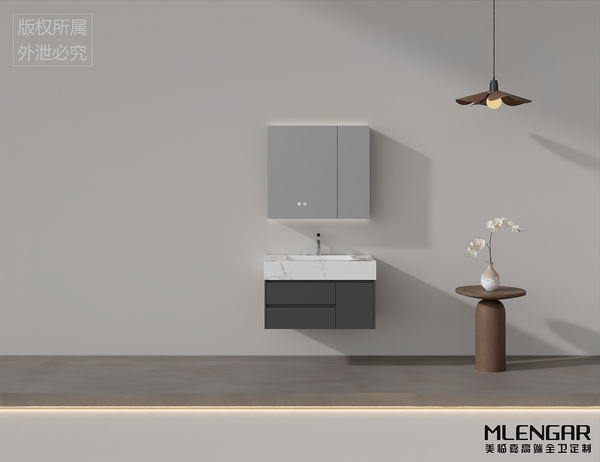 105MLENGAR Modern Dark Gray Floating Bathroom Vanity with Marble Sink & LED Mirror Cabinet