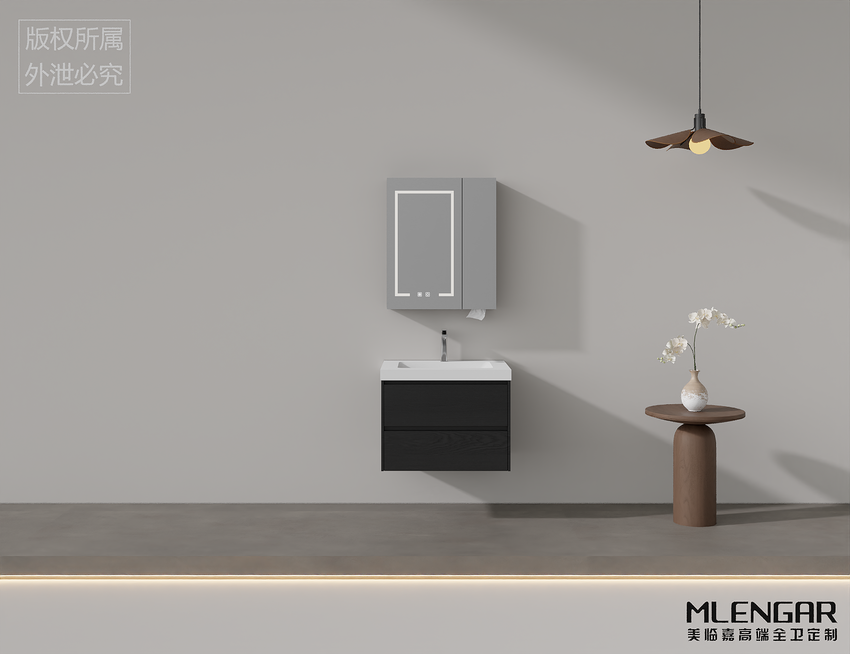 108 MLENGAR Modern Black Wood Floating Bathroom Vanity with LED Mirror Cabinet & Integrated Sink