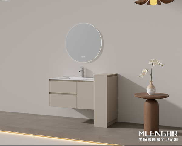 113MLENGAR Modern Floating Bathroom Vanity with Round LED Mirror & Side Cabinet