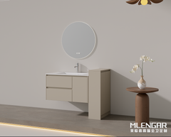 113MLENGAR Modern Floating Bathroom Vanity with Round LED Mirror & Side Cabinet