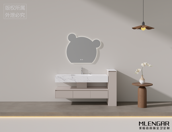 114MLENGAR Cute Bear LED Bathroom Vanity with Marble Countertop & Open Shelf