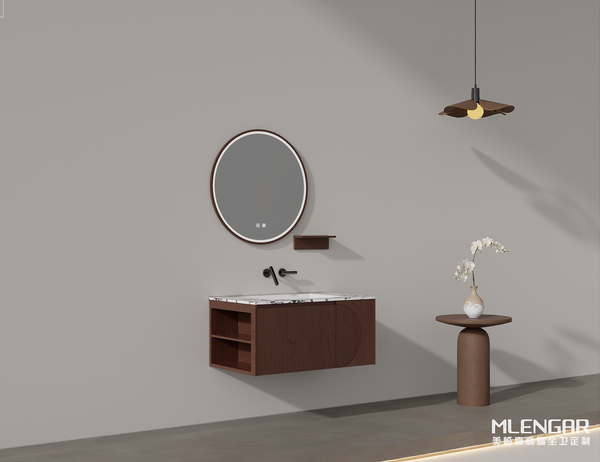 0052MLENGAR Modern Fluted Wood Floating Bathroom Vanity with Round LED Mirror & Marble Top