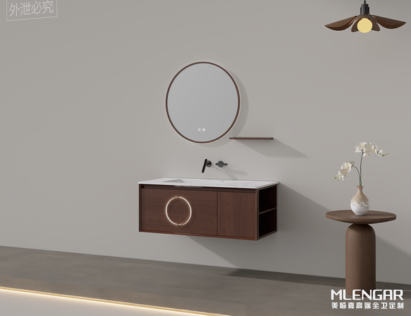 0053MLENGAR Modern Wood Floating Bathroom Vanity with Round LED Mirror & Marble Top