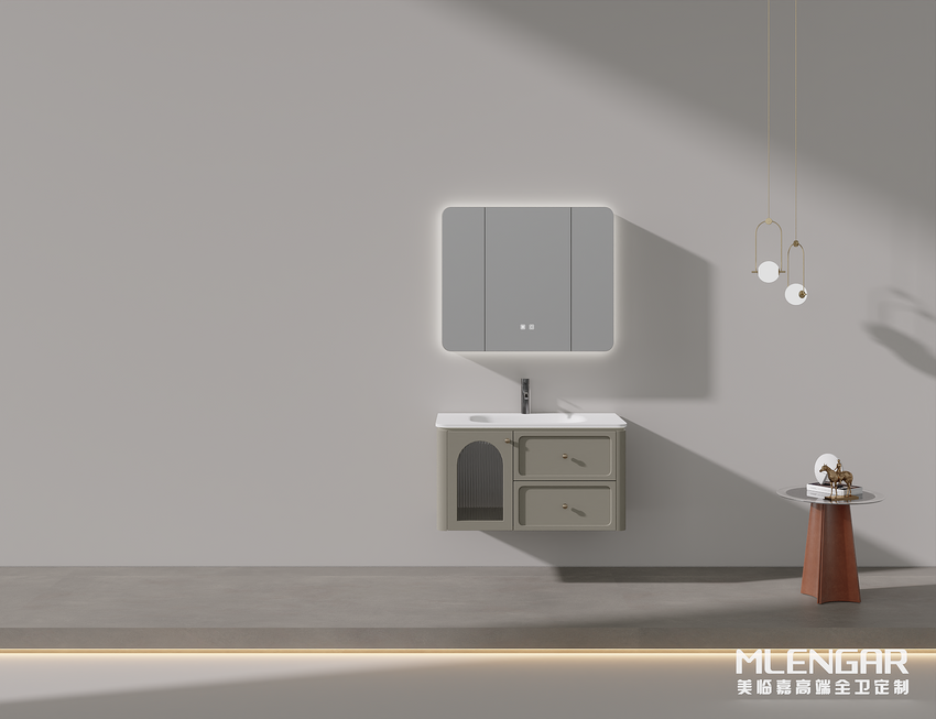 0055MLENGAR Soft Gray Floating Bathroom Vanity with LED Medicine Cabinet & Arched Glass Door