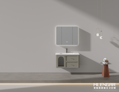 0055MLENGAR Soft Gray Floating Bathroom Vanity with LED Medicine Cabinet & Arched Glass Door
