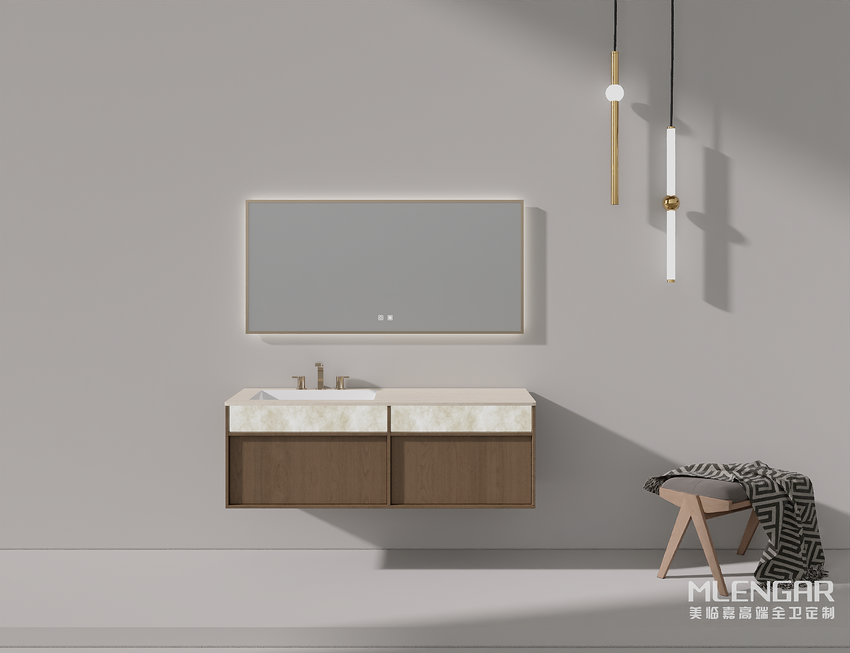 0098MLENGAR Natural Stone & Wood Floating Bathroom Vanity with LED Mirror