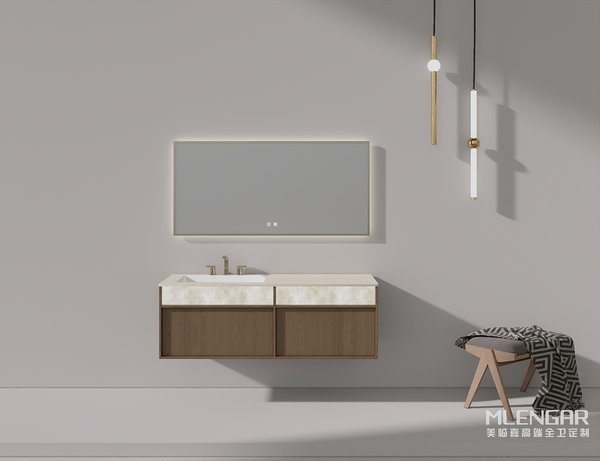 0098MLENGAR Natural Stone & Wood Floating Bathroom Vanity with LED Mirror