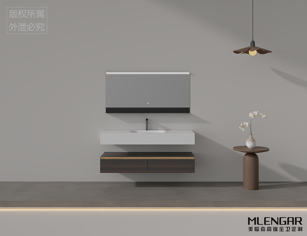 0099MLENGAR Modern Dark Wood Floating Bathroom Vanity with LED Mirror & Integrated Sink