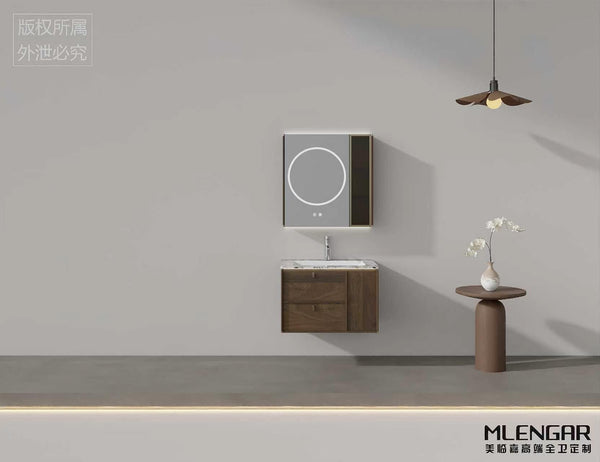 MLENGAR Walnut Bathroom Vanity with Smart LED Mirror | Floating Cabinet
